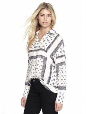 Free People Voile Little Secrets Shirt White Blue Print Button Shirt Size Large